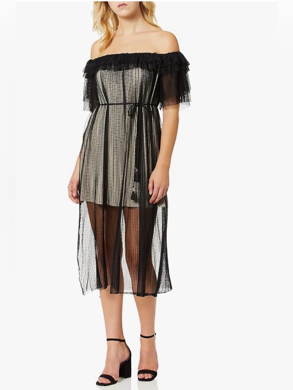 Elliatt Ruby Off-the-Shoulder Mesh Illusion Pleated Midi Dress Size Medium NWT